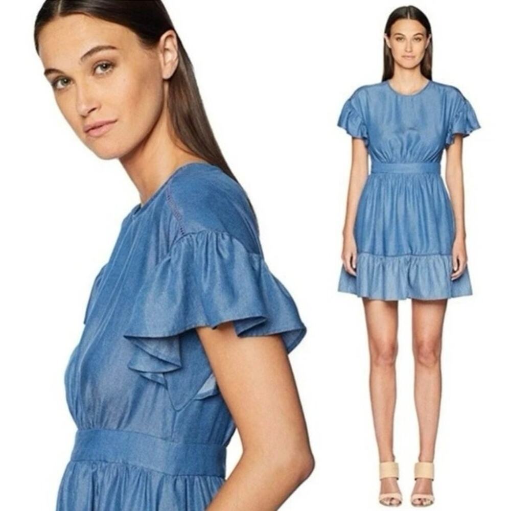 Kate Spade Blue Lyocell Chambray Ruffle Sleeve Striped Hem Dress 6